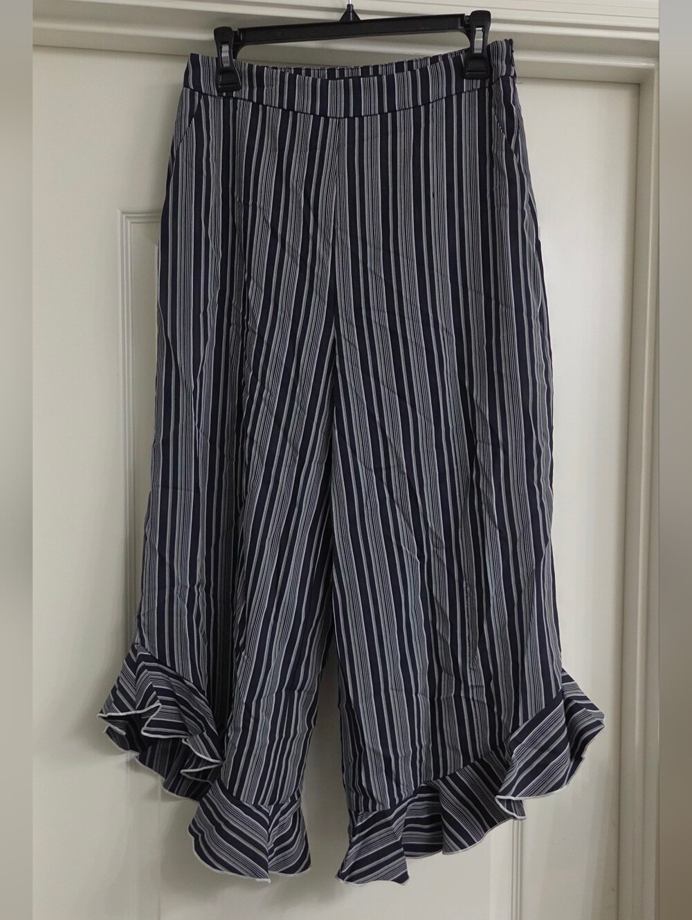 English Factory Navy and White Vertical Stripe Pants with Ruffle Hem